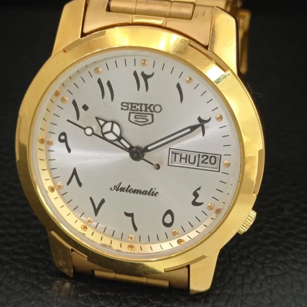 Vintage 1980 Seiko Automatic Mens Gold Watch W/daydate & Arabic accents